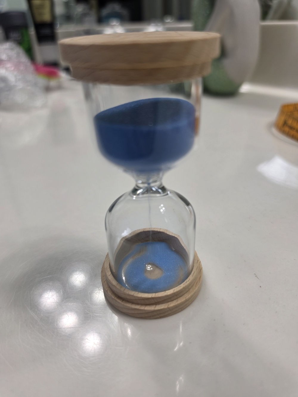 Blue Sand Hourglass with Natural Wood Base and Top